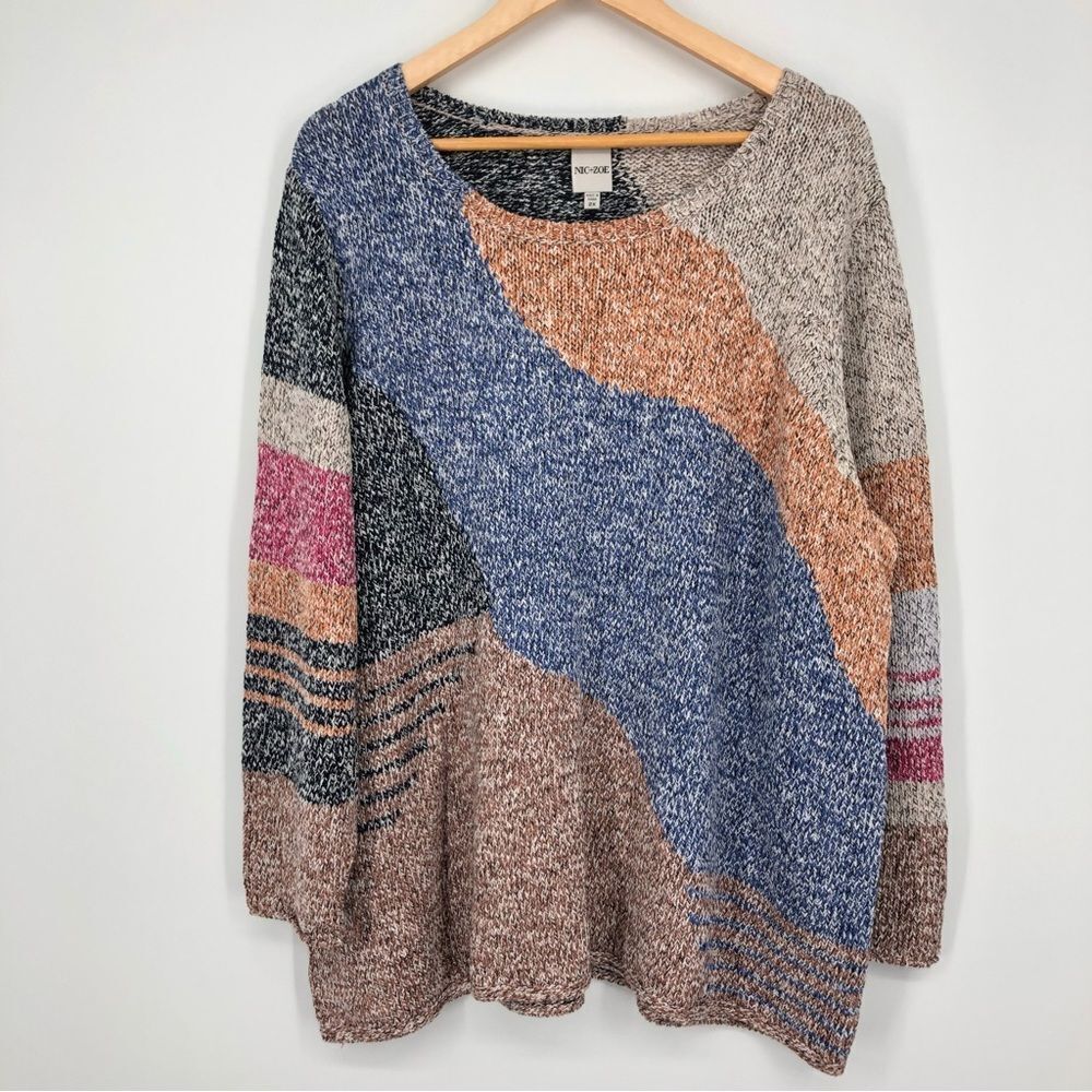 NIC+ZOE Orchard Stroll Colorblock Crewneck Sweater Womens 2X Colorful Chunky